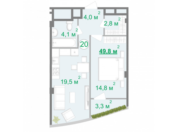 БФК Intergal City: планування 1-кімнатної квартири 49.4 м²