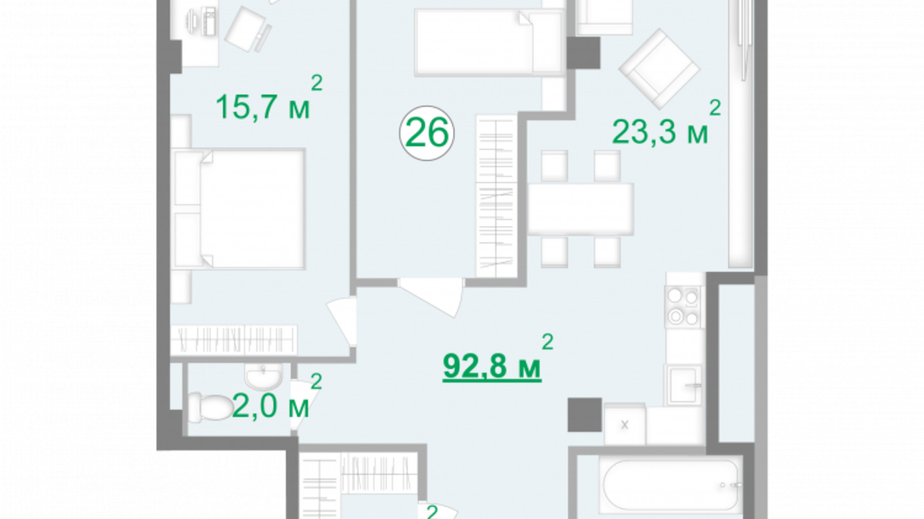 Планировка 2-комнатной квартиры в МФК Intergal City 93.2 м², фото 254184