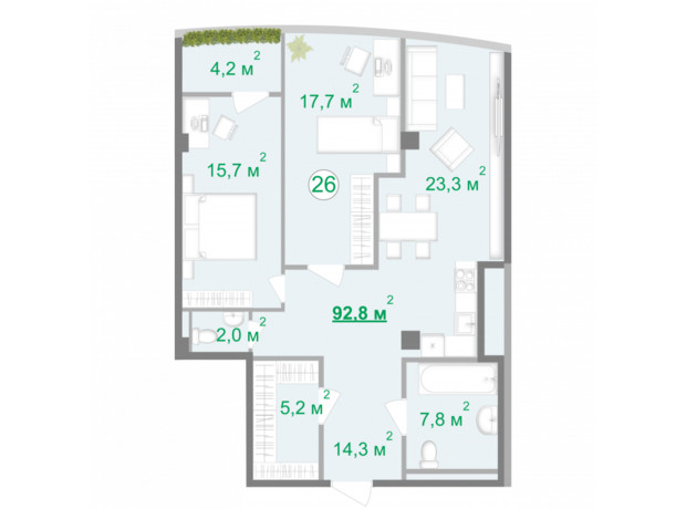 МФК Intergal City: планировка 2-комнатной квартиры 93.2 м²