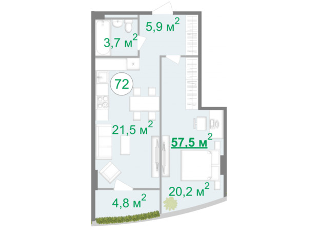 МФК Intergal City: планировка 1-комнатной квартиры 57.6 м²