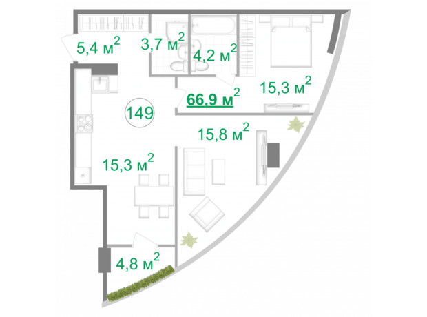 БФК Intergal City: планування 2-кімнатної квартири 66.9 м²