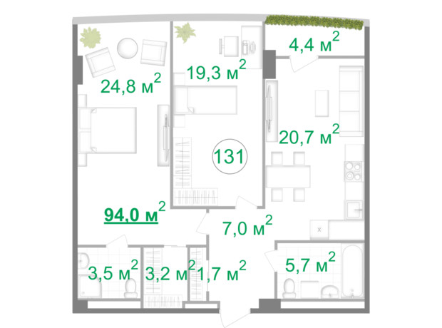 БФК Intergal City: планування 3-кімнатної квартири 94 м²