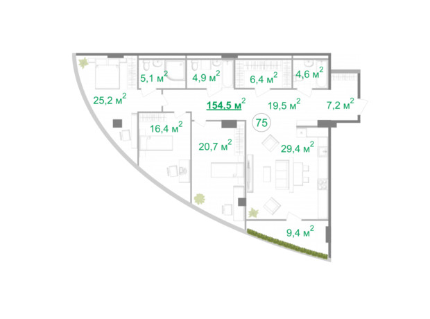 МФК Intergal City: планировка 3-комнатной квартиры 156.2 м²