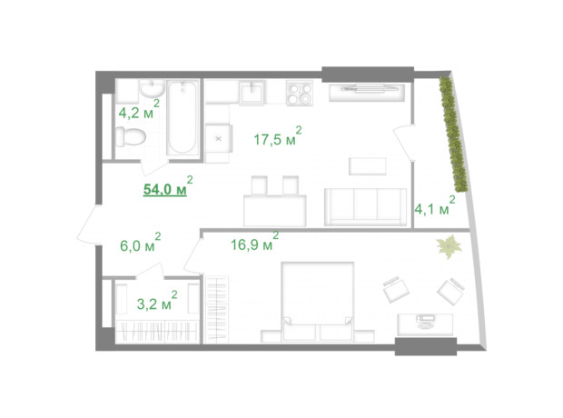 БФК Intergal City: планування 1-кімнатної квартири 53.5 м²