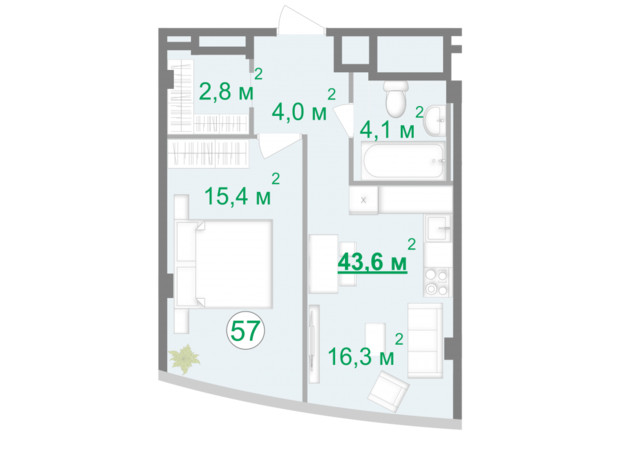БФК Intergal City: планування 1-кімнатної квартири 43.8 м²