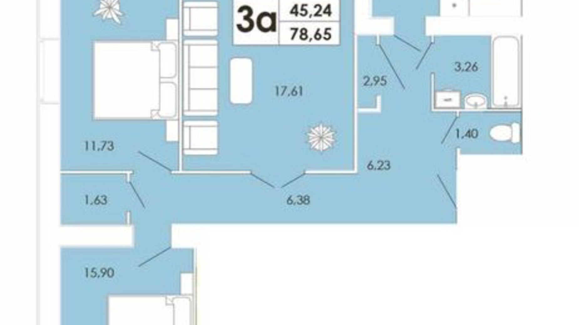 Планировка 3-комнатной квартиры в ЖК Maiborsky 78.65 м², фото 254394