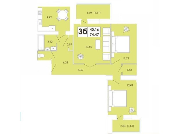 ЖК Maiborsky: планировка 3-комнатной квартиры 74.47 м²