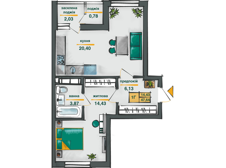 Планировка 1-комнатной квартиры в ЖК Сырецкие Сады 47.64 м², фото 254574 Планировка 1-комнатной квартиры в ЖК Сырецкие Сады 47.64 м², фото 254574