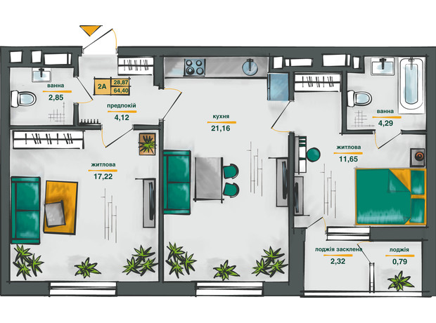 ЖК Сирецькі Сади: планування 2-кімнатної квартири 64.4 м²