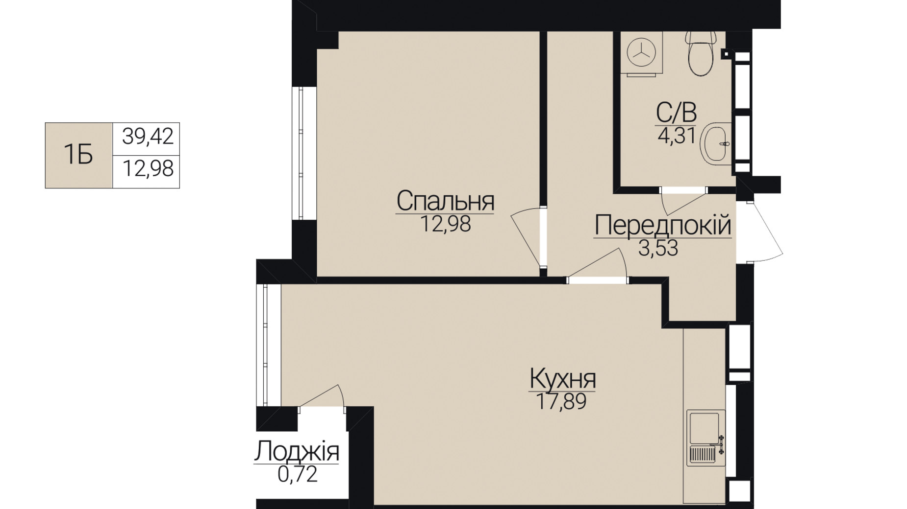 Планування 1-кімнатної квартири в ЖК Гостомель Residence 39.42 м², фото 254578