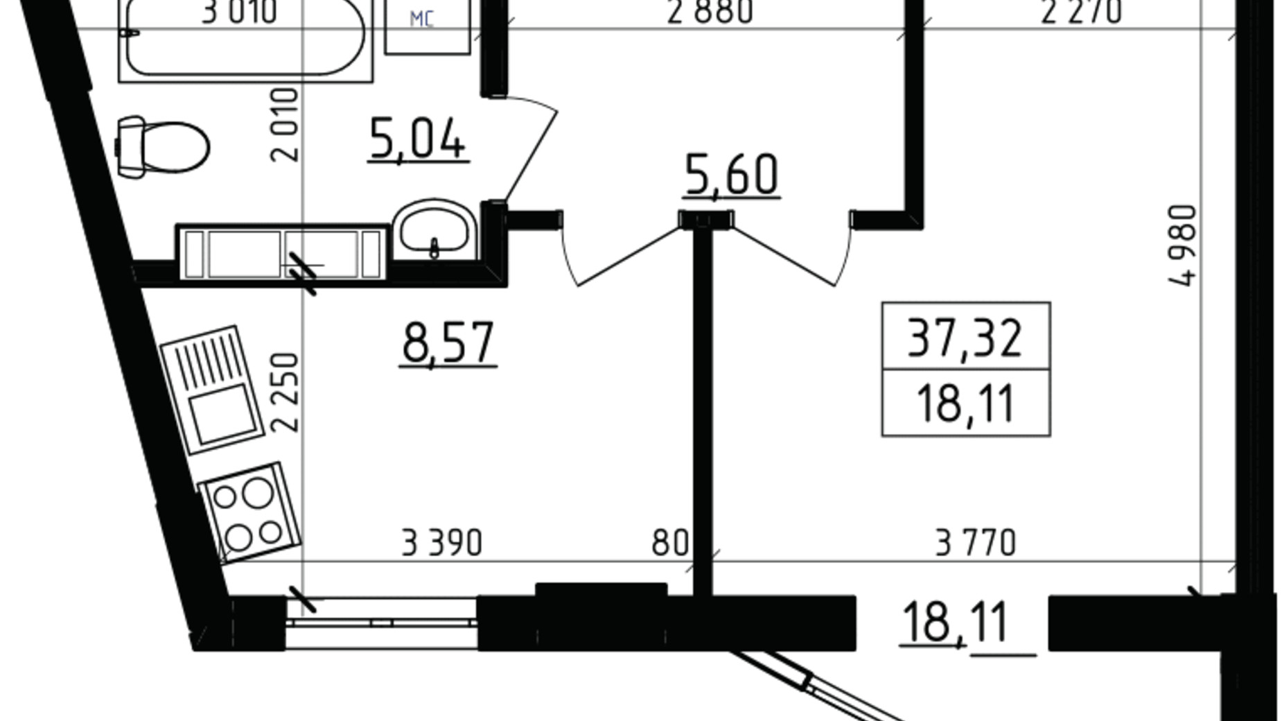 Планировка 1-комнатной квартиры в ЖК Вернисаж 37.32 м², фото 255935