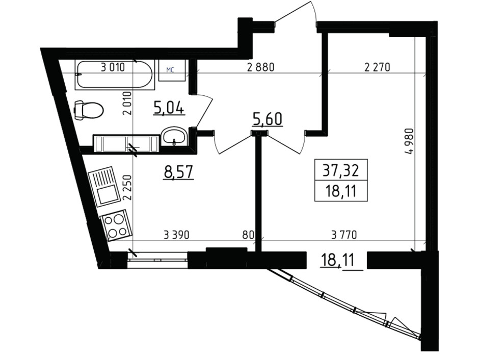 Планировка 1-комнатной квартиры в ЖК Вернисаж 37.32 м², фото 255935 Планировка 1-комнатной квартиры в ЖК Вернисаж 37.32 м², фото 255935