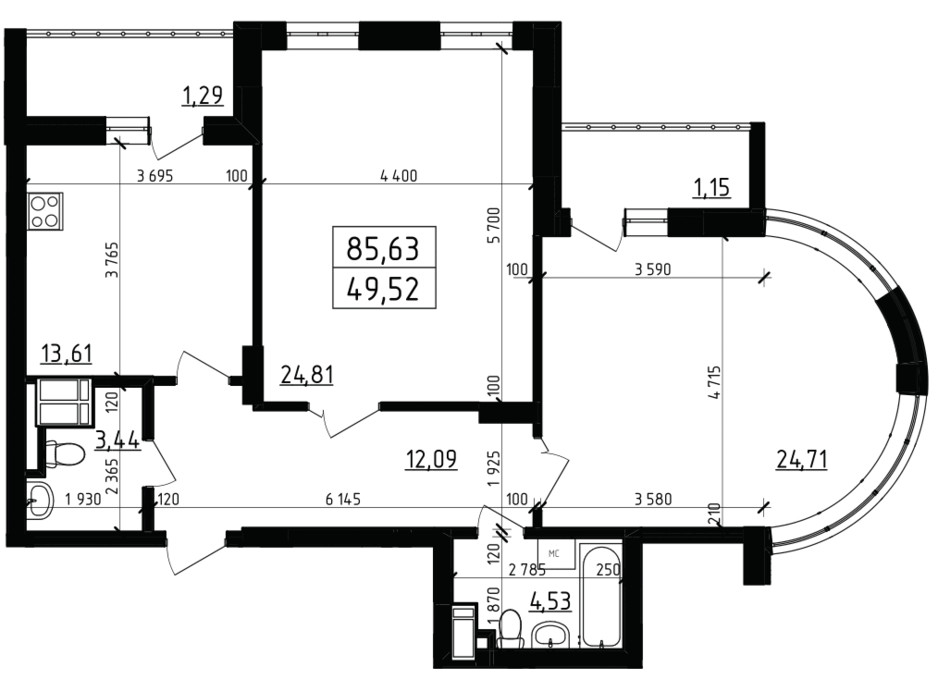 Планировка 2-комнатной квартиры в ЖК Вернисаж 85.63 м², фото 255939 Планировка 2-комнатной квартиры в ЖК Вернисаж 85.63 м², фото 255939