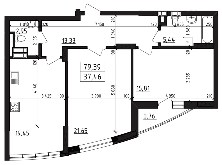 Планировка 2-комнатной квартиры в ЖК Вернисаж 79.39 м², фото 255942 Планировка 2-комнатной квартиры в ЖК Вернисаж 79.39 м², фото 255942