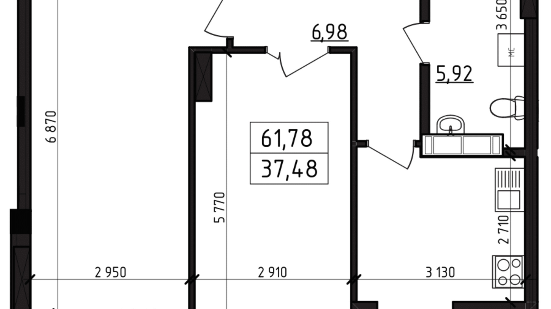 Планування 2-кімнатної квартири в ЖК Вернісаж 61.78 м², фото 255944