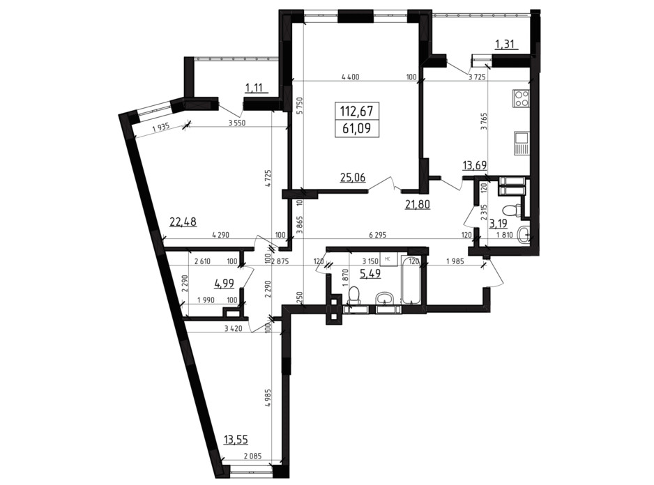 Планировка 3-комнатной квартиры в ЖК Вернисаж 112.67 м², фото 255945 Планировка 3-комнатной квартиры в ЖК Вернисаж 112.67 м², фото 255945