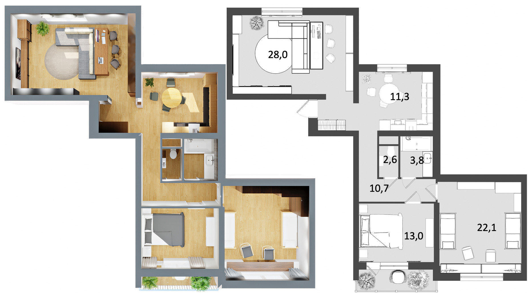 Планировка 3-комнатной квартиры в ЖК Грюнвальд 92 м², фото 256086