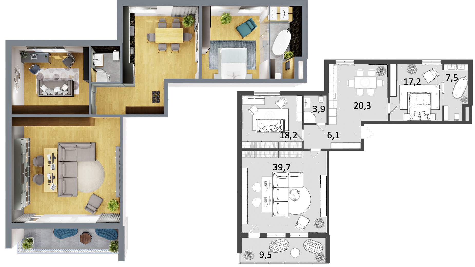 Планировка 3-комнатной квартиры в ЖК Грюнвальд 116 м², фото 256087