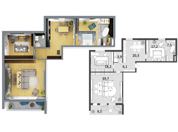 ЖК Грюнвальд: планировка 3-комнатной квартиры 116 м²