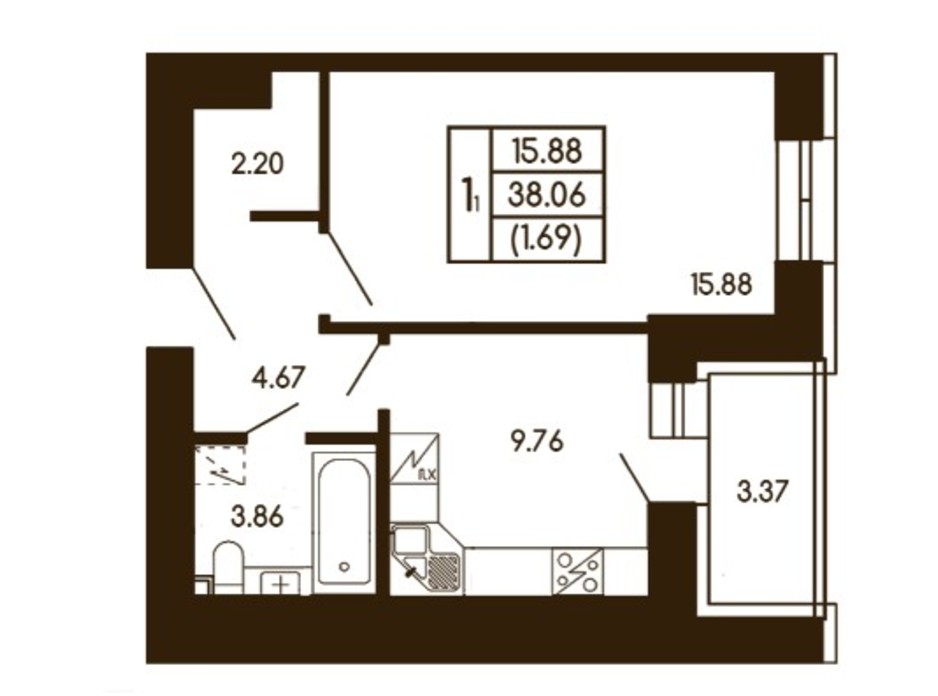 Планировка 1-комнатной квартиры в ЖК Чайка 38.06 м², фото 256190 Планировка 1-комнатной квартиры в ЖК Чайка 38.06 м², фото 256190