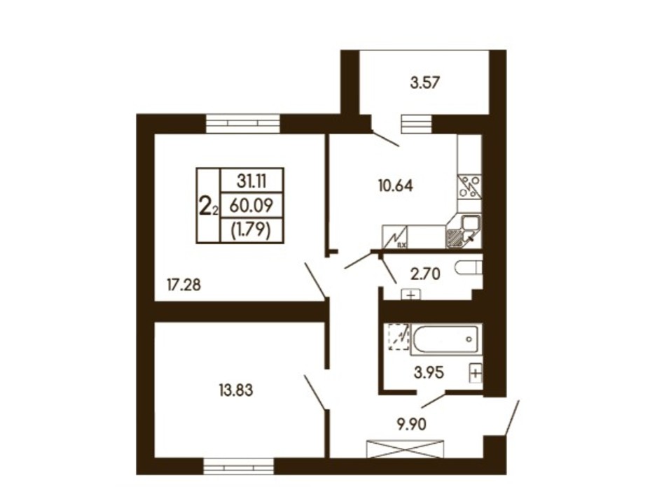 Планування 2-кімнатної квартири в ЖК Чайка 60.09 м², фото 256210 Планування 2-кімнатної квартири в ЖК Чайка 60.09 м², фото 256210