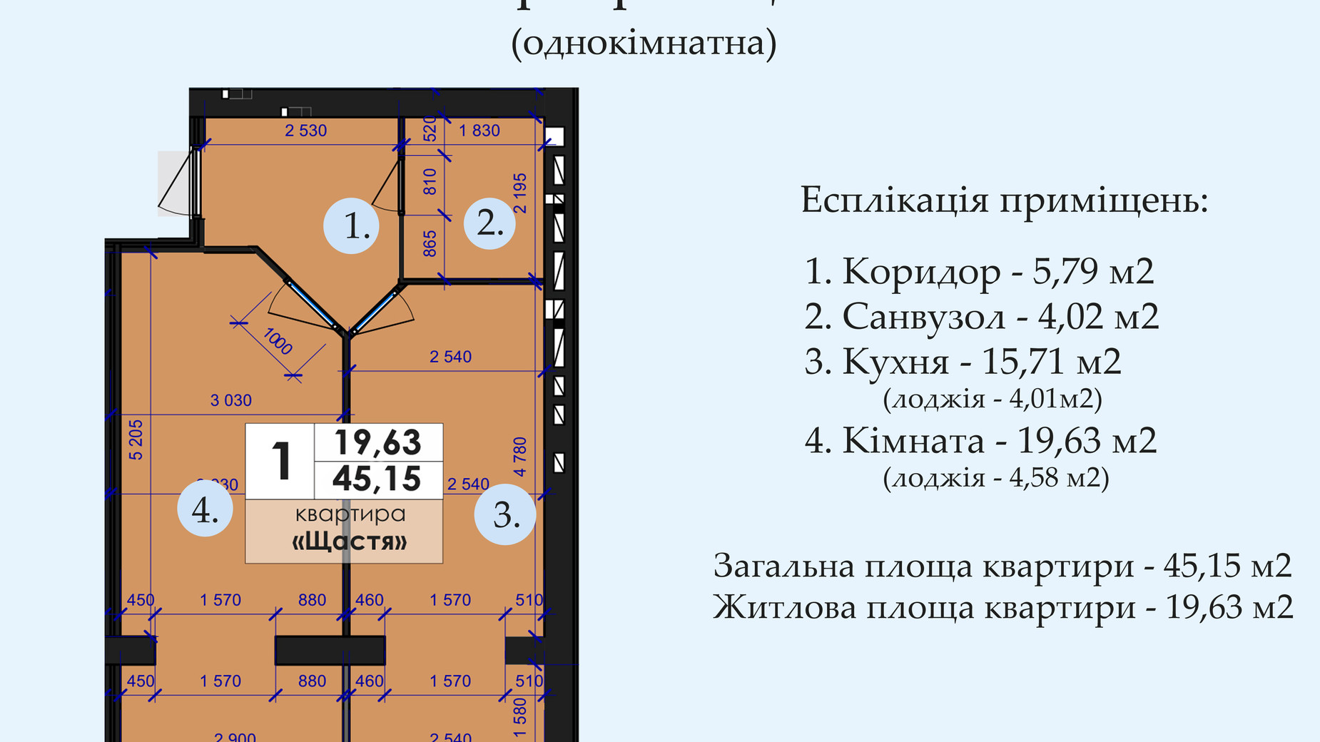 Планировка 1-комнатной квартиры в ЖК Петровский квартал  44 м², фото 257747