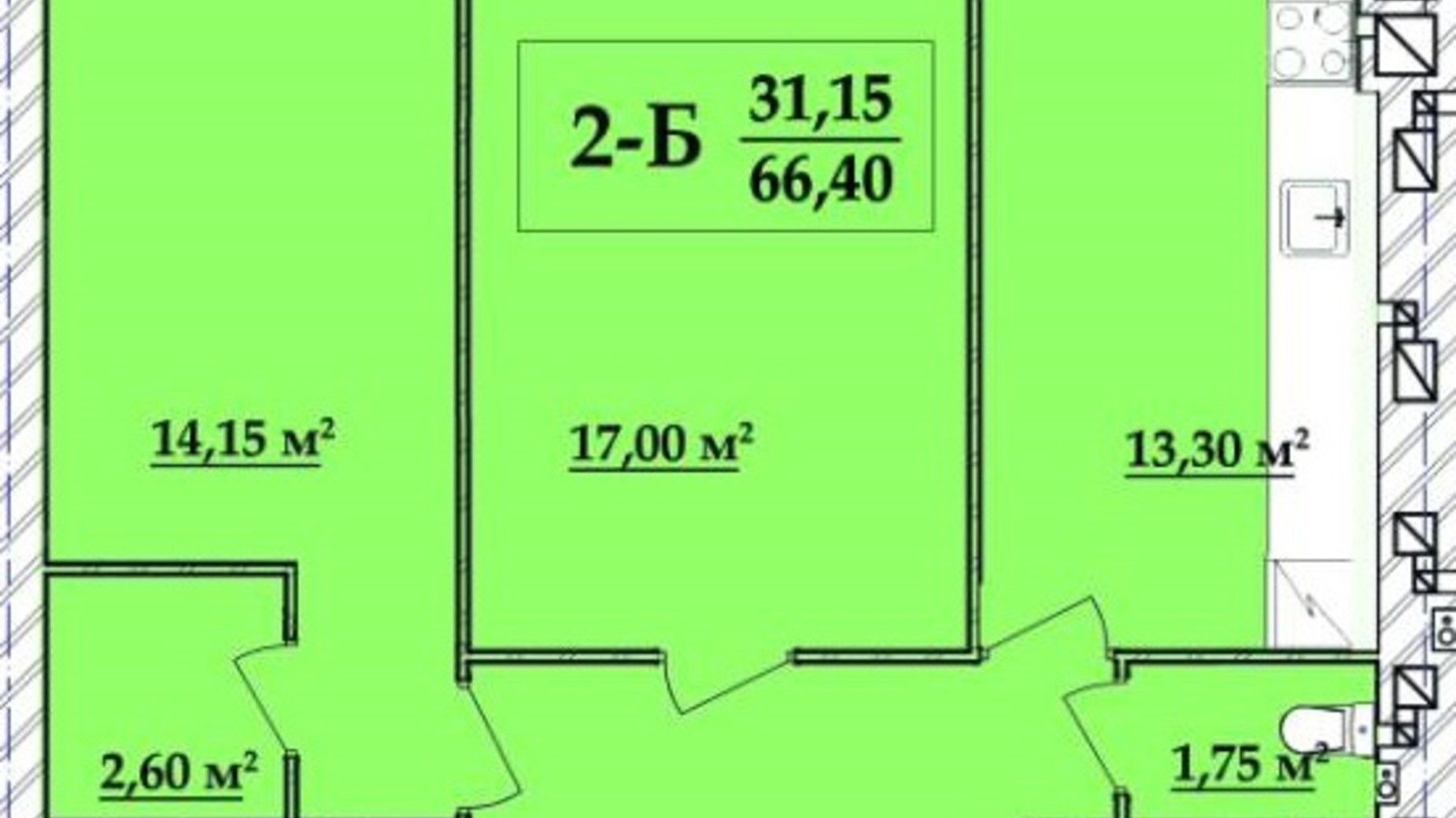 Планування 2-кімнатної квартири в ЖК Академ містечко 66.4 м², фото 257834