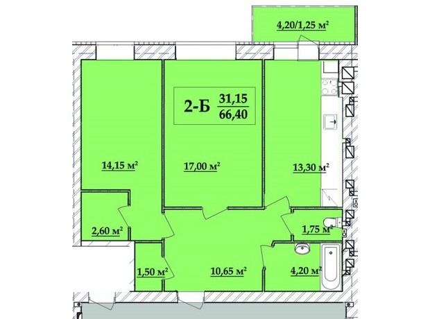 ЖК Академ городок: планировка 2-комнатной квартиры 66.4 м²