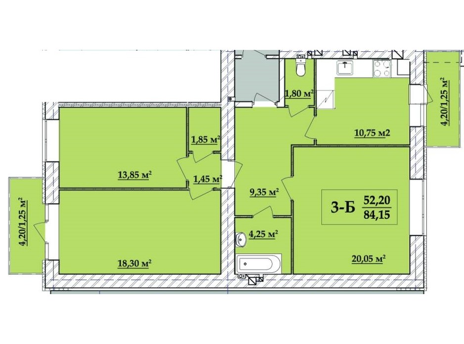 Планування 3-кімнатної квартири в ЖК Академ містечко 84.15 м², фото 257835 Планування 3-кімнатної квартири в ЖК Академ містечко 84.15 м², фото 257835