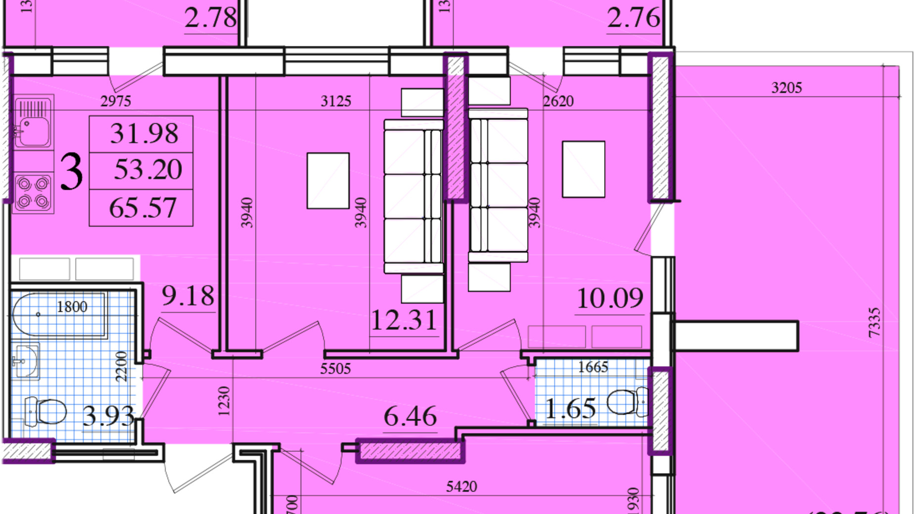 Планування 2-кімнатної квартири в ЖК Акварель 2 70.4 м², фото 258021