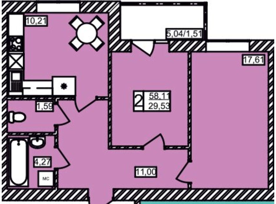 Планировка 2-комнатной квартиры в ЖК Maiborsky 58.11 м², фото 258192 Планировка 2-комнатной квартиры в ЖК Maiborsky 58.11 м², фото 258192
