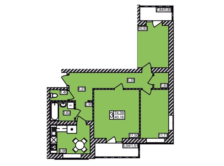 Планировка 3-комнатной квартиры в ЖК Maiborsky 74.39 м², фото 258193 Планировка 3-комнатной квартиры в ЖК Maiborsky 74.39 м², фото 258193