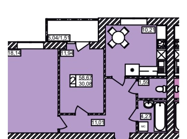 ЖК Maiborsky: планировка 2-комнатной квартиры 58.67 м²