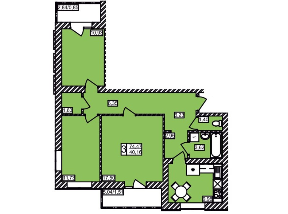Планировка 3-комнатной квартиры в ЖК Maiborsky 74.47 м², фото 258197 Планировка 3-комнатной квартиры в ЖК Maiborsky 74.47 м², фото 258197