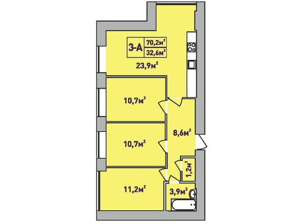 ЖК Центральний Premium: планування 3-кімнатної квартири 70.2 м²