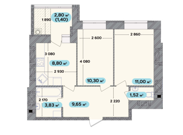 ЖК Spring Town New Rivier : планировка 2-комнатной квартиры 46.5 м²