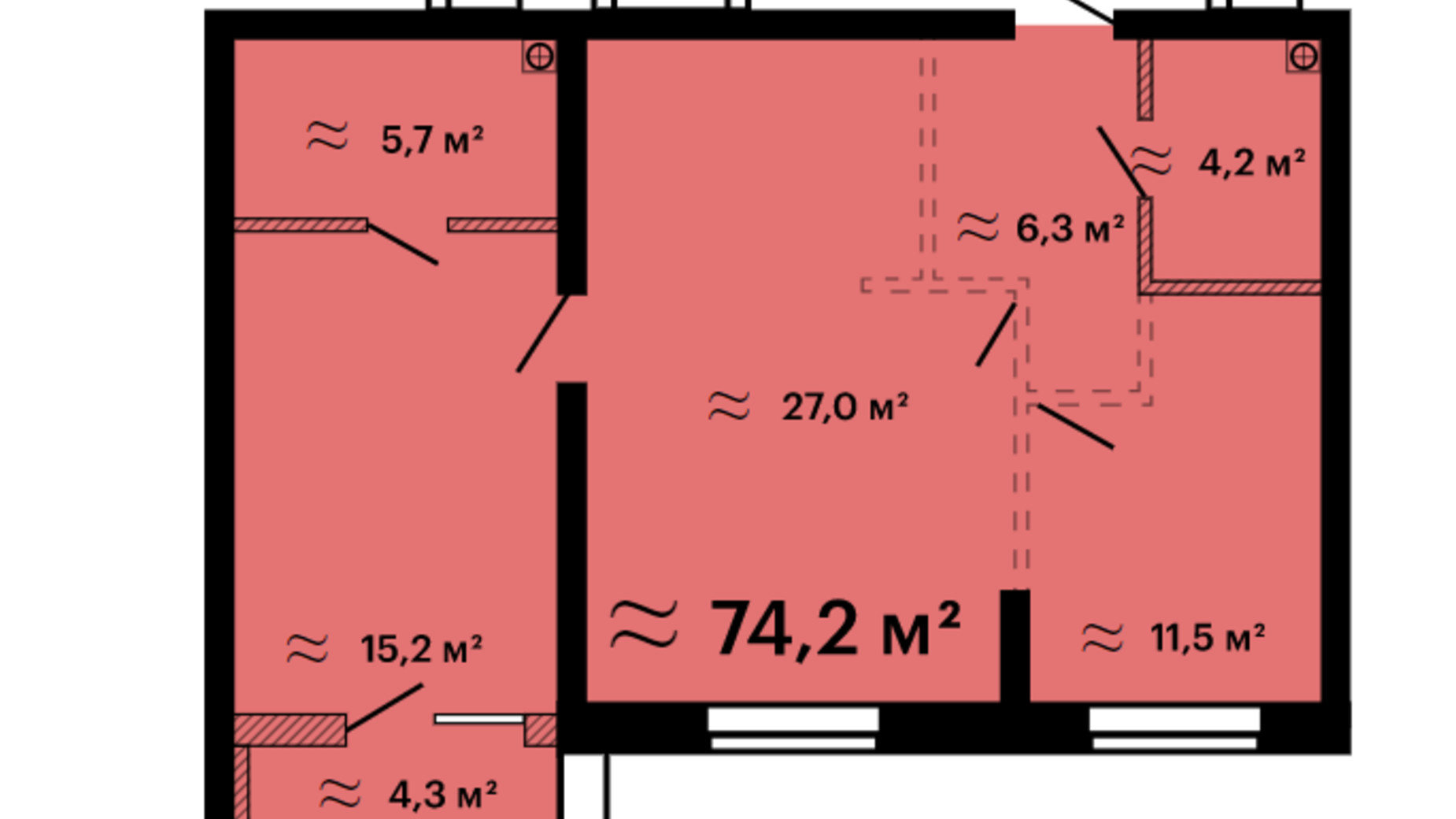 Планировка 2-комнатной квартиры в ЖК Скай Сити Плюс 74.2 м², фото 259313