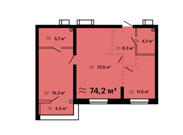 ЖК Скай Сити Плюс: планировка 2-комнатной квартиры 74.2 м²