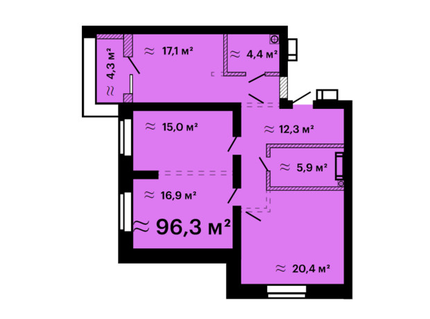 ЖК Скай Сити Плюс: планировка 3-комнатной квартиры 96.3 м²