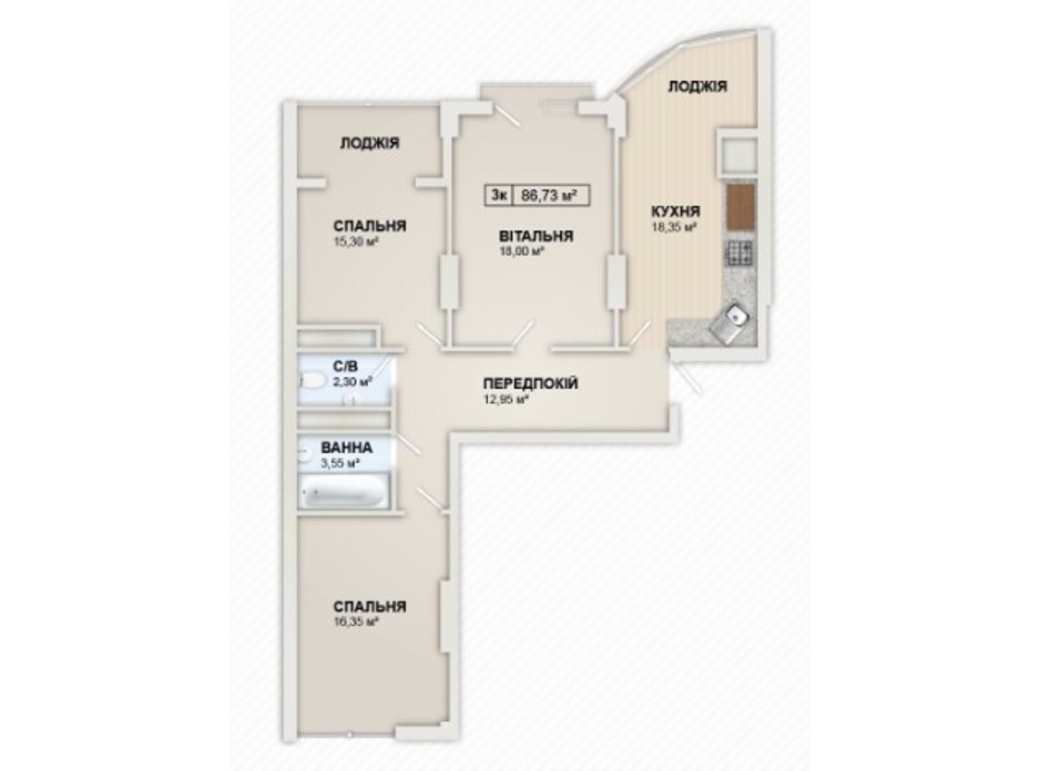 Планировка 3-комнатной квартиры в ЖК Lystopad 86.73 м², фото 259927 Планировка 3-комнатной квартиры в ЖК Lystopad 86.73 м², фото 259927