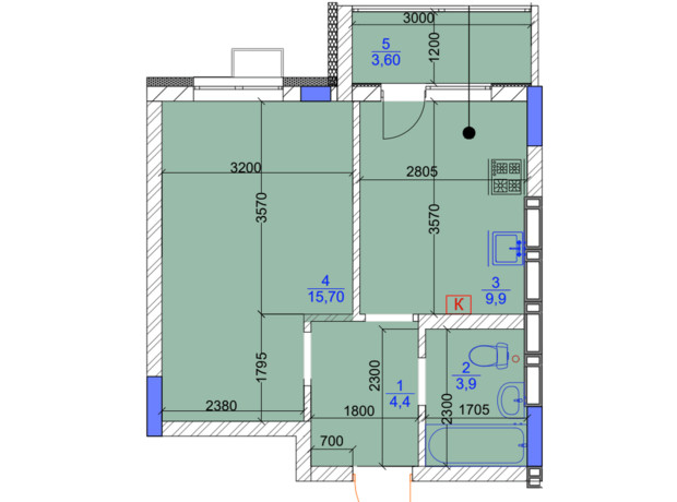 ЖК Садочок: планировка 1-комнатной квартиры 37.5 м²