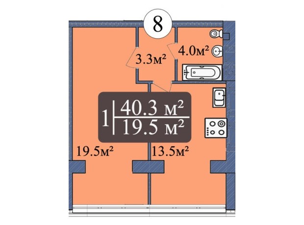 ЖК Мрія Миколаїв: планировка 1-комнатной квартиры 40.3 м²