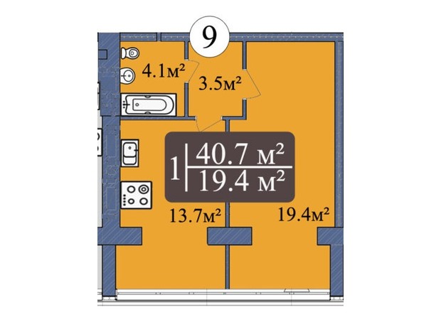 ЖК Мрія Миколаїв: планировка 1-комнатной квартиры 40.7 м²