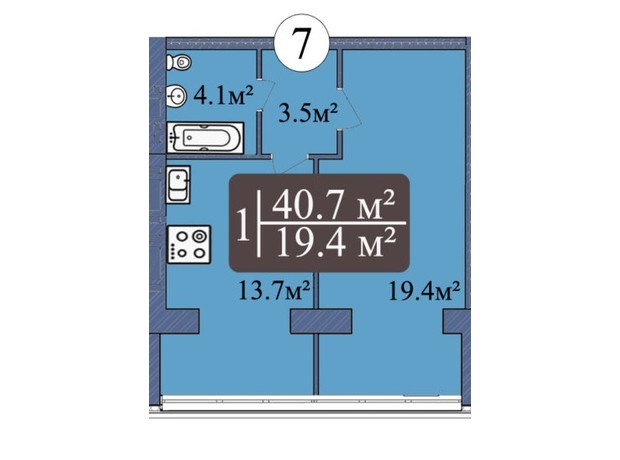 ЖК Мрія Миколаїв: планировка 1-комнатной квартиры 40.7 м²