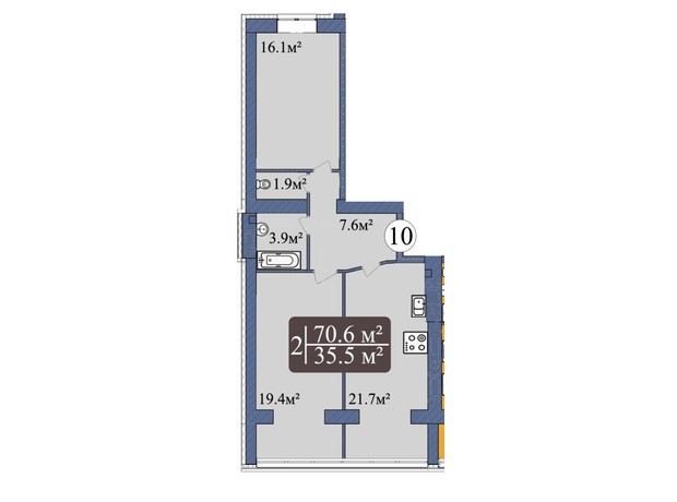 ЖК Мрія Миколаїв: планировка 2-комнатной квартиры 70.6 м²