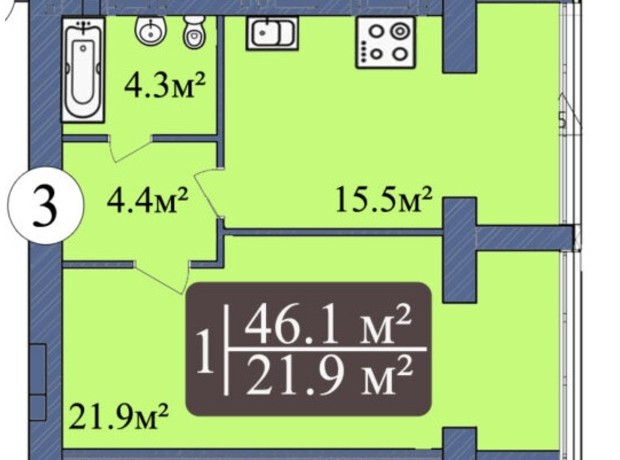 ЖК Мрія Миколаїв: планировка 1-комнатной квартиры 46.1 м²