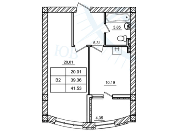 ЖК Дім у моря: планування 1-кімнатної квартири 41.53 м²