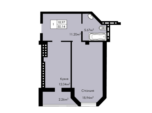 ЖК Англійский Будинок: планування 1-кімнатної квартири 50.14 м²