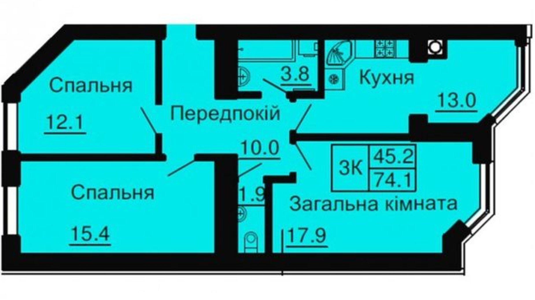 Планировка 3-комнатной квартиры в ЖК София Сити 74.7 м², фото 260369