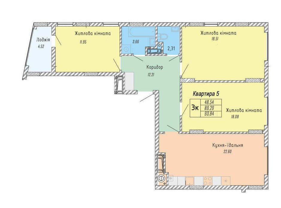 Планировка 3-комнатной квартиры в ЖК ул. Стрыйская 45 93.84 м², фото 260426 Планировка 3-комнатной квартиры в ЖК ул. Стрыйская 45 93.84 м², фото 260426